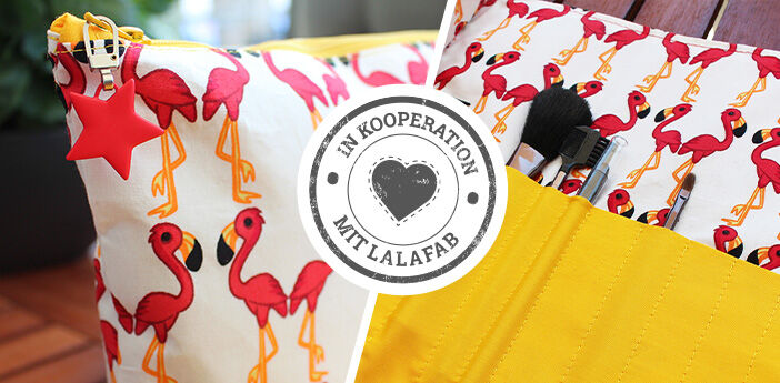 Kosmetiktas av bomullstyg med flamingos